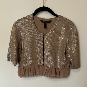 BCBG Maxaroa Sequin Cropped Jacket with Ruffle Hem xs Taupe